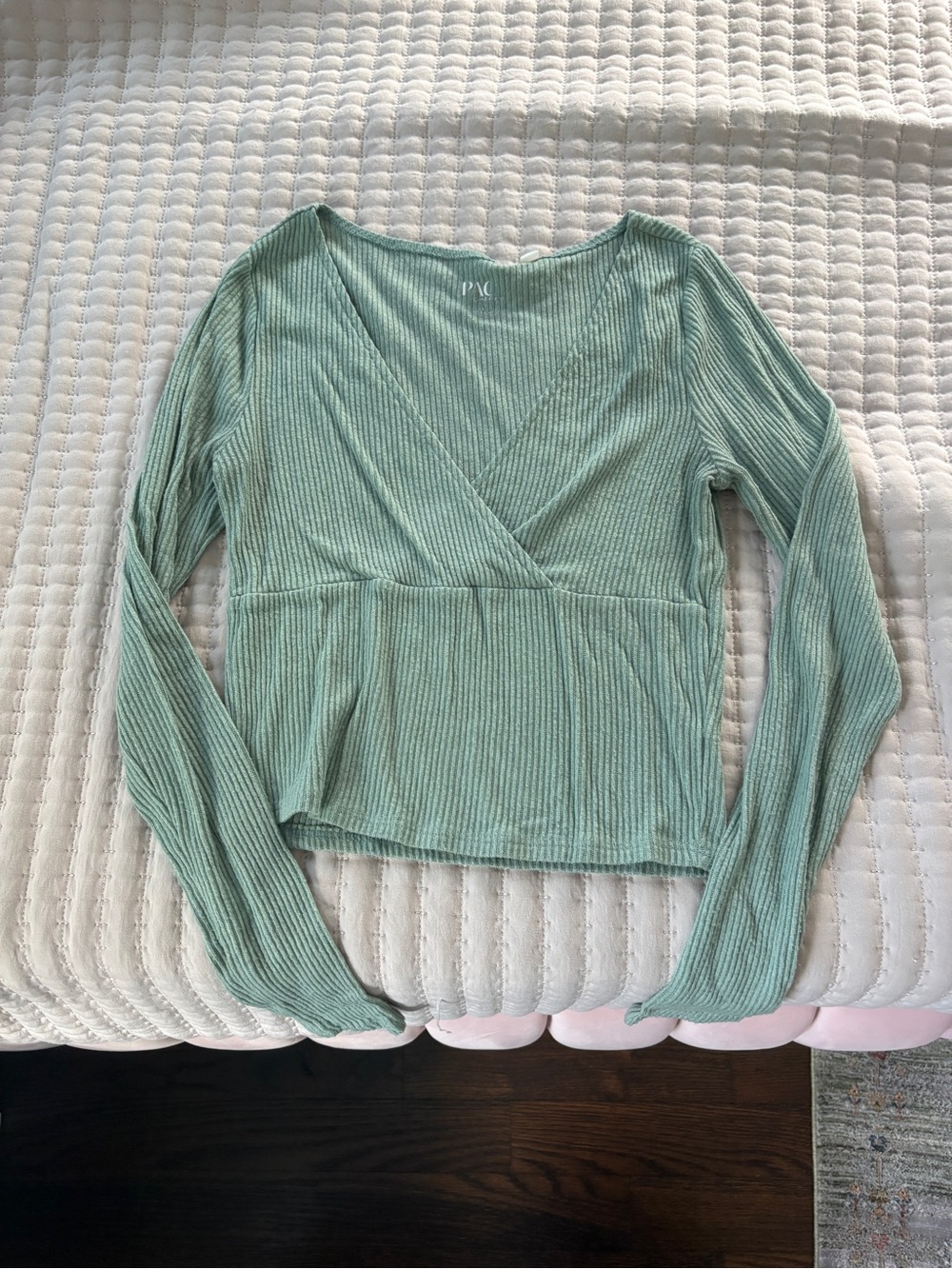 Sage Ribbed Wrap-Front Long Sleeve Top